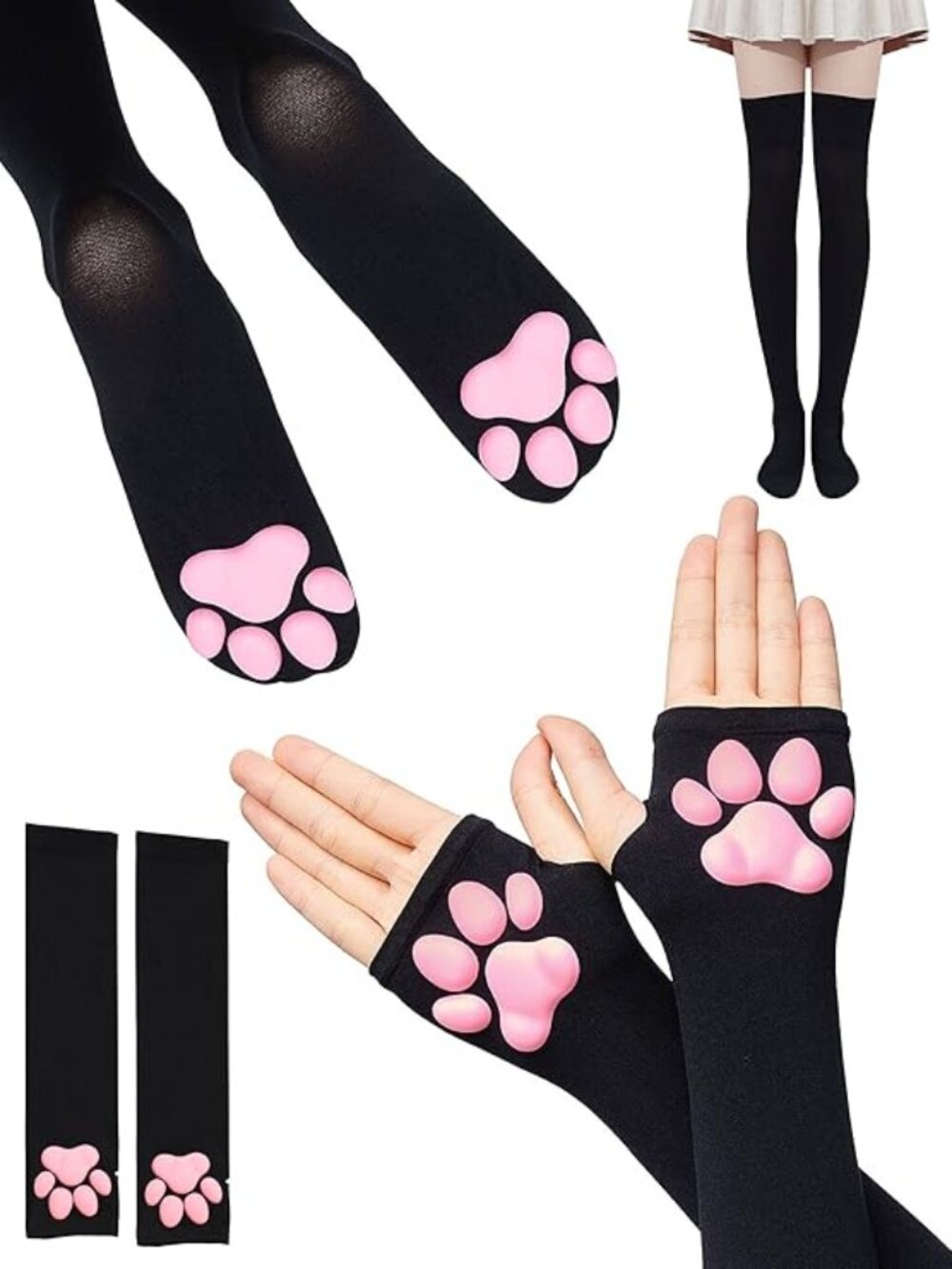 Women's Cat Paw Pad Bottom 3D Cosplay Socks + Sleeves Set Gloves Cute Stockings